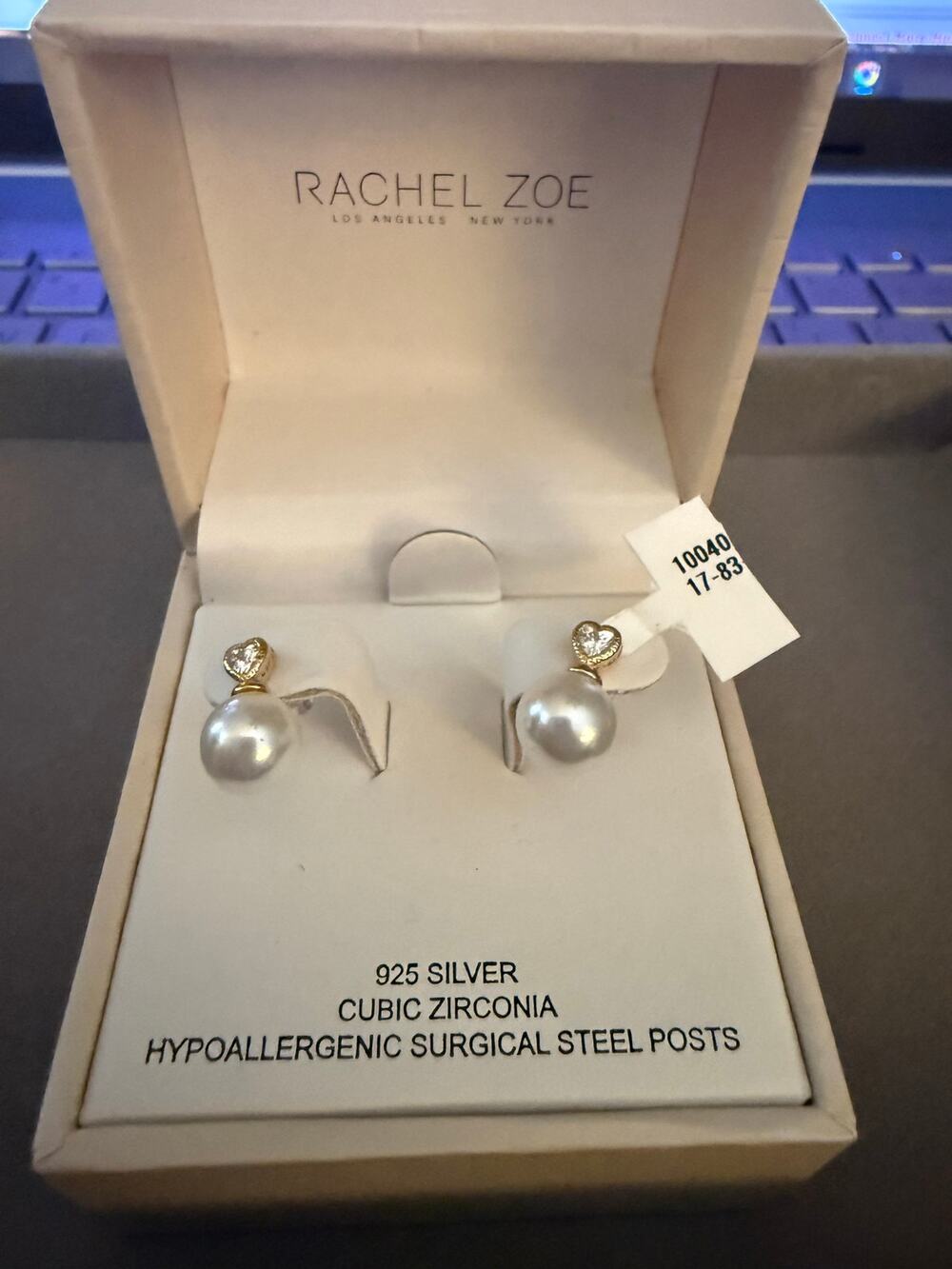 Rachel Zoe 925 Sterling Silver CZ Heart Pearl Look Drop Earrings NIB